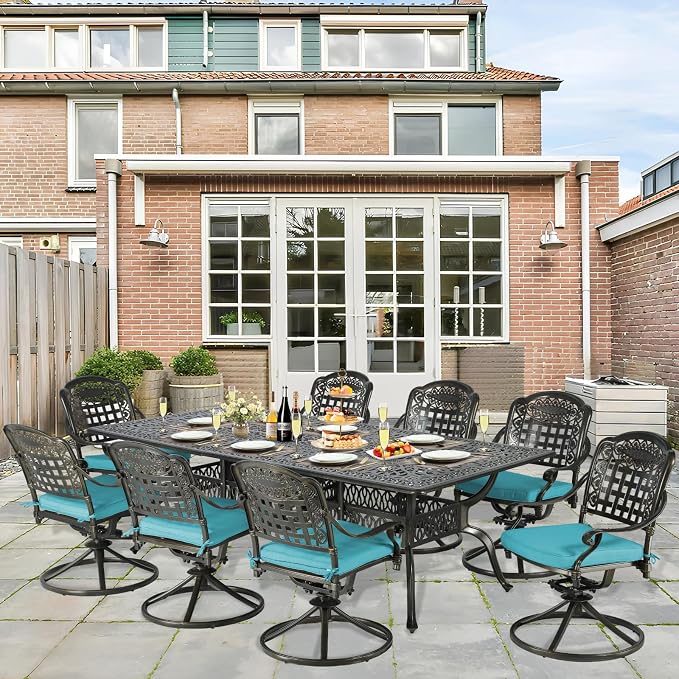 9-Piece Patio Cast Aluminum Dining Set, Outdoor Table and Chairs Set for 8, Includes 94.5" Rectangular Dining Table and 8 Swivel Rocker Chairs W/Umbrella Hole for Lawn Garden, Ocean Blue