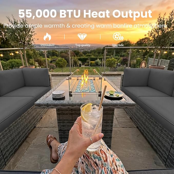 15 Pieces Patio Furniture Set with 44" Propane Gas Fire Pit Table, Outdoor Sectional Wicker Conversation Sofa Sets with Coffee Table