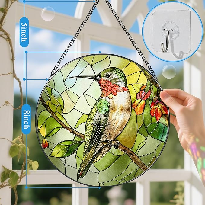 Stained Glass Window Hanging, 8" Stained Glass Hummingbird Suncatcher, Hummingbird Gifts for Women | Christmas, Mother’s Day, Easter, Birthday Gifts for Mom, Grandma, Nana, Wife, Sister & Bird Lovers