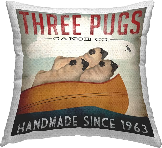Stupell Industries Vintage Canoe Company Boating Pug Dogs Outdoor Pillow Design by Ryan Fowler | Outdoor Pillow, Made in USA - By Ryan Fowler