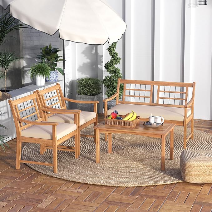 RELAX4LIFE Wood Patio Furniture Set - 4-Piece Outdoor Furniture w/Seat Cushions & Coffee Table, Loveseat Sofa Set for Balcony Porch Deck Poolside Backyard, Acacia Wood Conversation Set (Off White)