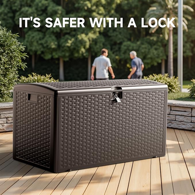 90-Gallon Double Layer Resin Deck Box – Lockable, Waterproof & UV-Resistant Storage for Patio Furniture, Garden Tools & Pool Accessories (Brown)
