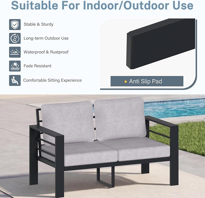Patio Furniture Aluminum Loveseat, Modern Patio Patio Furniture with 3.54” Wide Seat and Thick Cushions, All-Weather Outdoor 2 Seats Sofa Couch for Deck, Porch