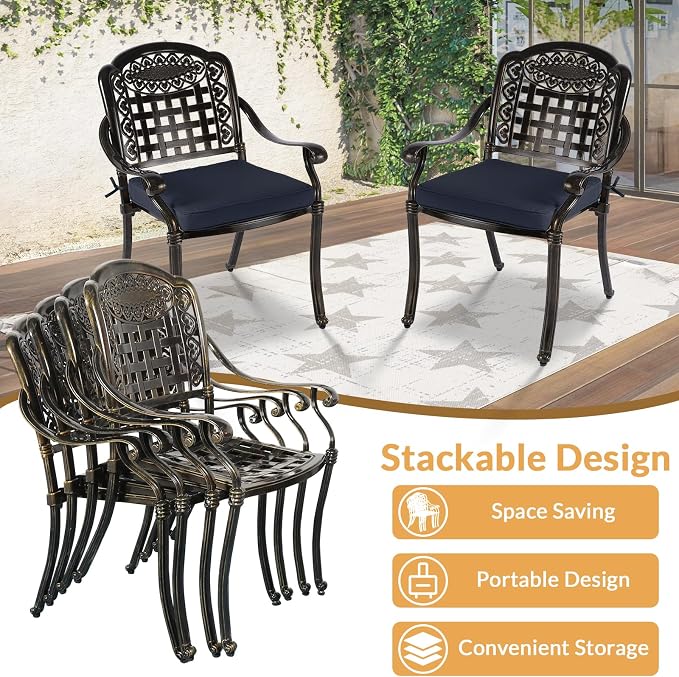 9 Piece Outdoor Patio Dining Set for 8, Cast Aluminium Large Square Dining Table & 8 Cushioned Stackable Chairs, Umbrella Hole, Patio Furniture Set for Garden Porch Poolside, Navy Blue