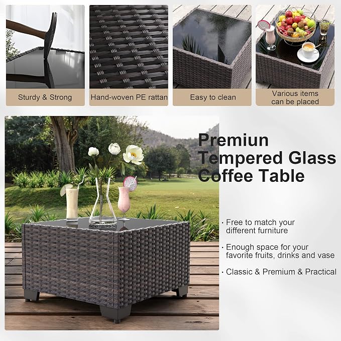 8 Pieces Outdoor Sectional Patio Furniture Set with Fire Pit Table,PE Rattan Wicker Patio Sectional Conversation Set with Cushions and Glass Coffee Table Beige