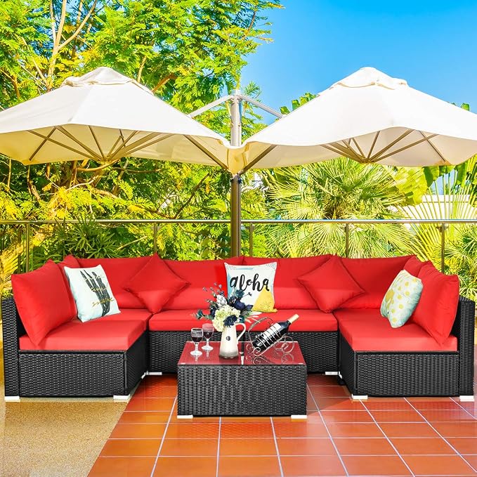 COSTWAY 7 Pieces Patio Furniture Set, Outdoor Rattan Conversation Set with 6 Seats, Coffee Tea Table, Soft Cushions, Wicker Patio Sectional Sofa for Garden Balcony Porch Poolside, Red