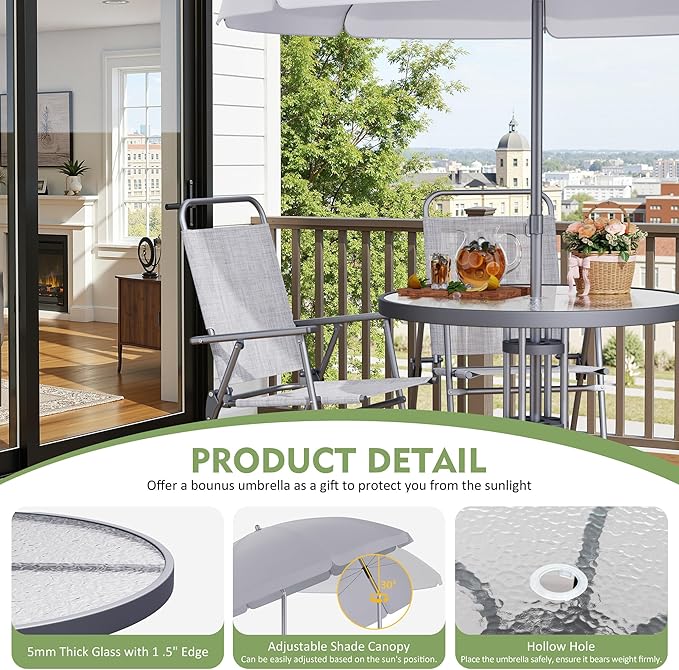 Shintenchi 6 Piece Outdoor Patio Furniture Set, Small Outdoor Patio Dining Table and Chairs Set, Outdoor Seating with Umbrella for Backyard, Balcony, Front Porch, Ice Silver