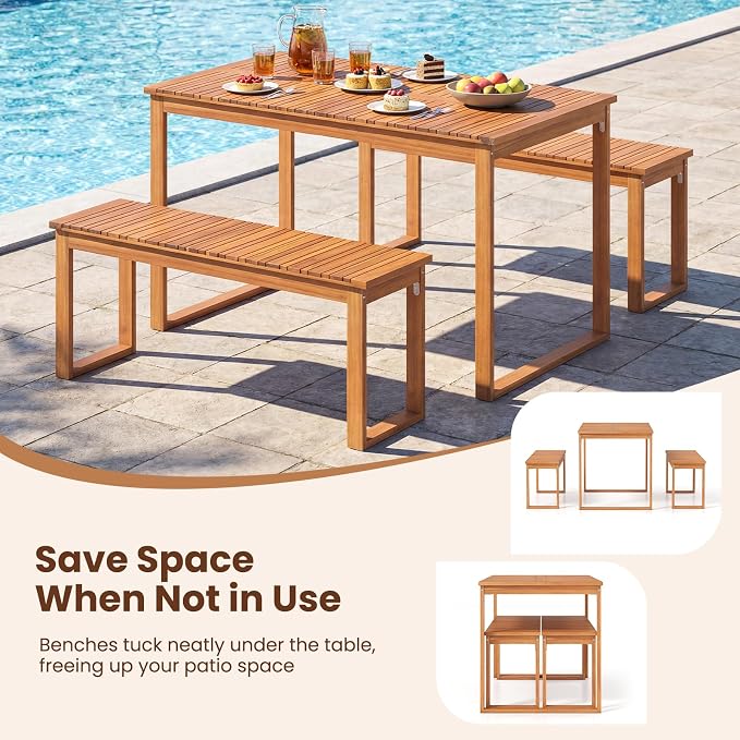 Tangkula 3 Pieces Patio Wooden Dining Set, Acacia Wood Rectangular Picnic Beer Table with 2 Benches for 4 People, Outdoor Dinner Furniture Set for Backyard, Garden and Poolside