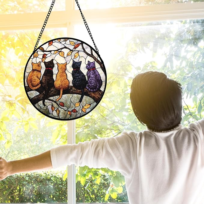 DASTOLL Stained Glass Window Hanging - 5 Cats on a Branch Suncatcher for Window Doors Home Decoration and Christmas, Mother's Day Father's Day Birthday Gifts for Women, Men, and Mom 11.8x11.8 in