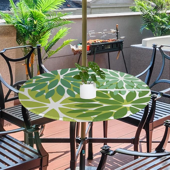 Round Tablecloth with Umbrella Hole and Zipper Elastic Fitted Table Cloth 36"-44" Oil-Proof Waterproof Patio Table Cover for Outdoor Picnic Party, Spring Summer Geometric Elegant Dark Light Green