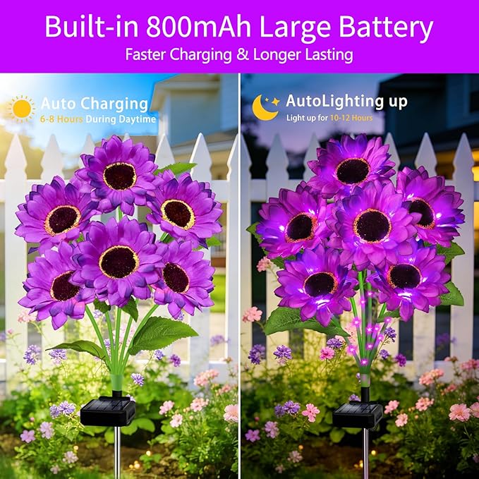VOOKRY Solar Garden Lights Outdoor, 4 Pack Purple Sunflower Lights with 24 Flowers, Waterproof Summer Garden Decor Solar Flowers for Yard Backyard Patio Flowerbed Yard, Gift for Mom Women