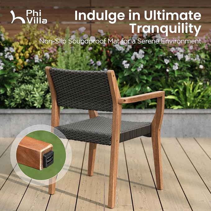 PHI VILLA Patio Acacia Wood Dining Chairs w/Wicker Back & Seat, 2PCS | Teak farmhouse armchairs for outdoor deck, porch, backyard