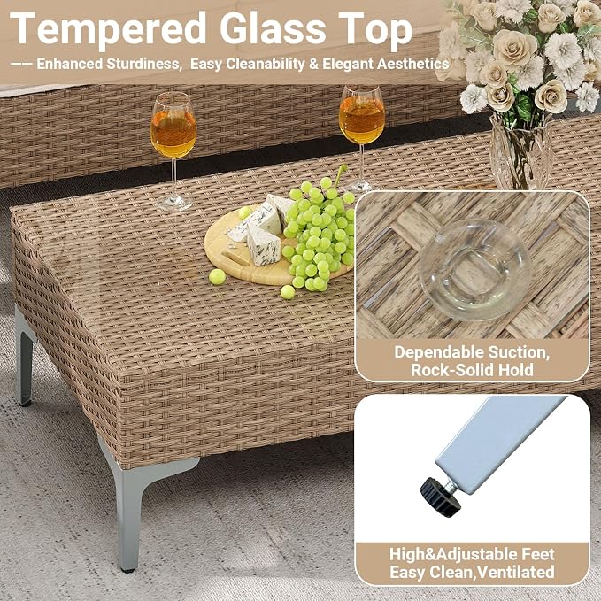 Jing's Villa 4-Piece Outdoor Sectional Sofa Set, All-Weather Wicker Patio Furniture with L/R armrest & Tempered Glass Table, Comfortable Garden Conversation Set for Backyard, Poolside, Deck,Beige