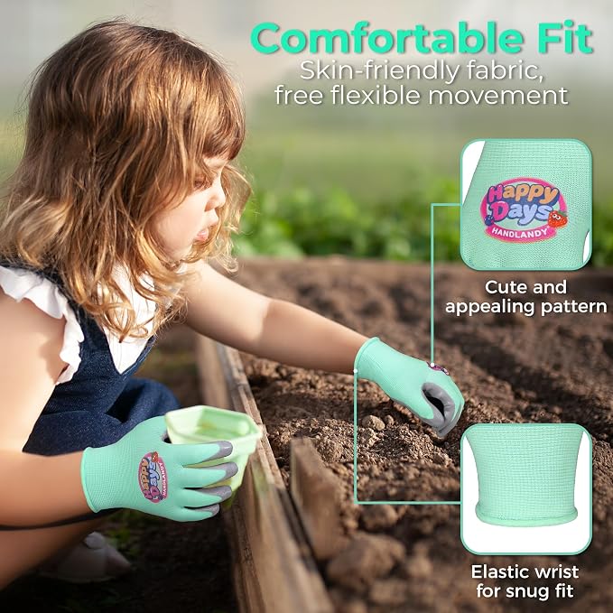 HANDLANDY 3 Pairs Kids Gardening Gloves, Grippy Kids Work Gloves, S | Foam Nitrile Coated Children Toddler Garden Yard Work Cycling Outdoor Playing Gloves for Girls Boys