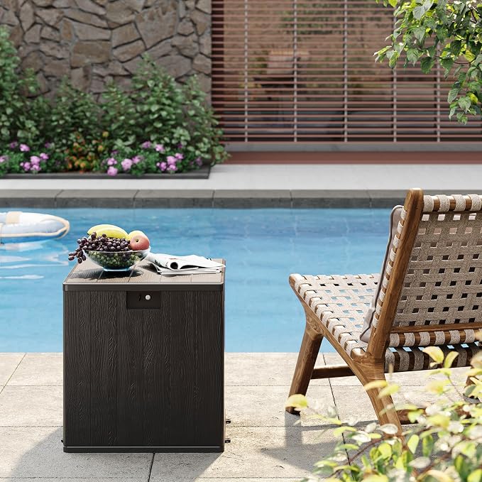 IDEALHOUSE 28 Gallon Deck Box, Waterproof Outdoor Storage Box with Lockable Lid, Heavy-Duty Resin Patio Furniture Cushion Storage Container for Garden, Backyard and Poolside, Black