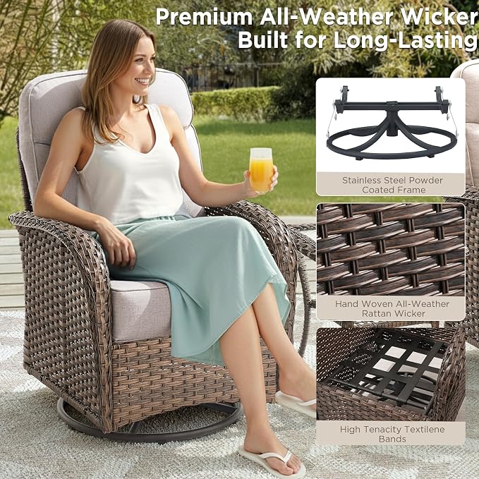 Luxury Wicker Patio Furniture Set with 6-Inch Thick Cushions, 6 Pieces Outdoor Swivel Rocker Patio Chairs Set of 4 with Rattan Side Table, Ooutdoor Patio Conversation Sets for Garden Porch Deck, Beige