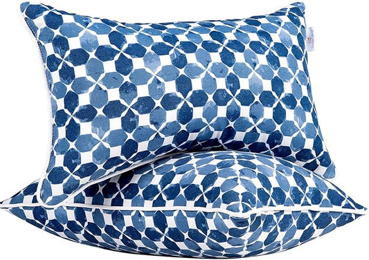 JMGBird Outdoor Lumbar Pillows Waterproof 12x20 Throw Pillows with Inserts | Blue Diamond Petal Pattern UV Fade Resistant Patio Cushions
