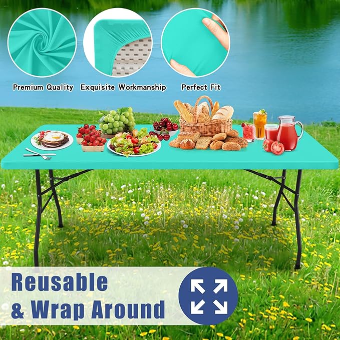 Moosfor Spandex 4 Foot Rectangle Table Cloth 2 Pack, Elastic Fitted Tablecloths for Picnic, Stretch Washable Patio Table Cover for Outdoor, Camping, Banquet and Parties (Aqua Blue, 30"x48")