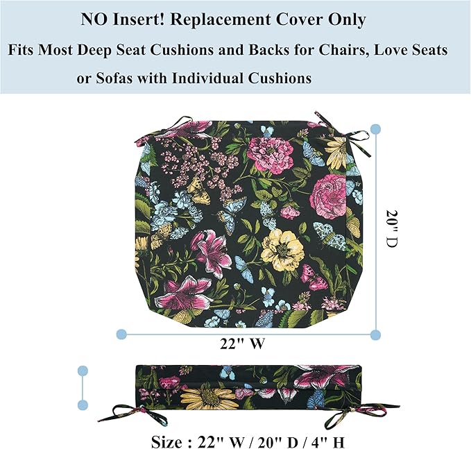 FUNHOME Outdoor Chair Cushion Covers 2 Pack, No Insert! Patio Cushion Covers Replacement 22" x 20" x 4", Water Resistant Patio Chair Cushion Slipcovers, Black Flower Butterfly(Covers ONLY)