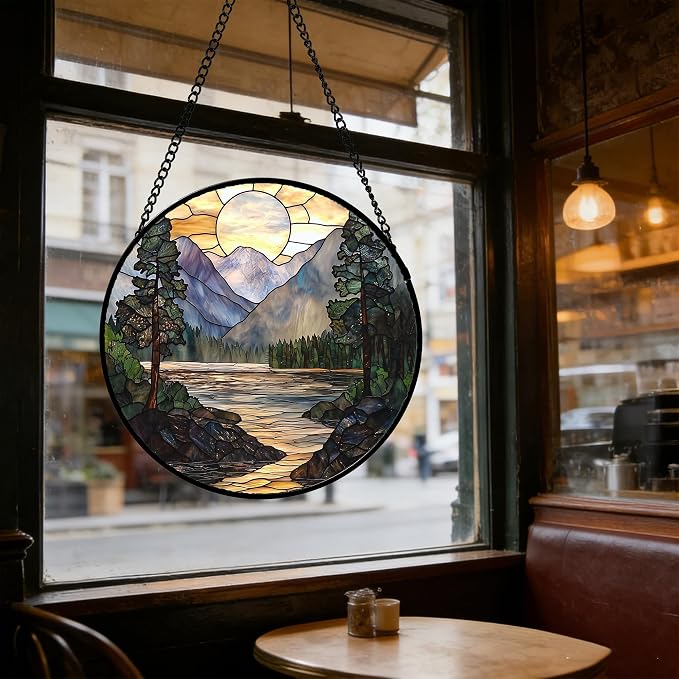 Stained Glass Window Hanging, Sunset Mountains Lake Tree Sun Catcher for Window Home Decor Landscape Suncatcher Mother's Day Birthday Gifts for Women Men Mom and Nana 6.3 in