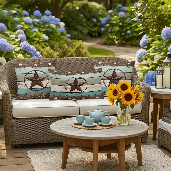 Teal Brown Texas Star Vintage Outdoor Pillow Covers 16x16 Inch Throw Pillow Covers Set of 2 Waterproof Decorative Pillow Cases Farmhouse Country Wooden Cushion Covers for Patio Furniture Garden Couch