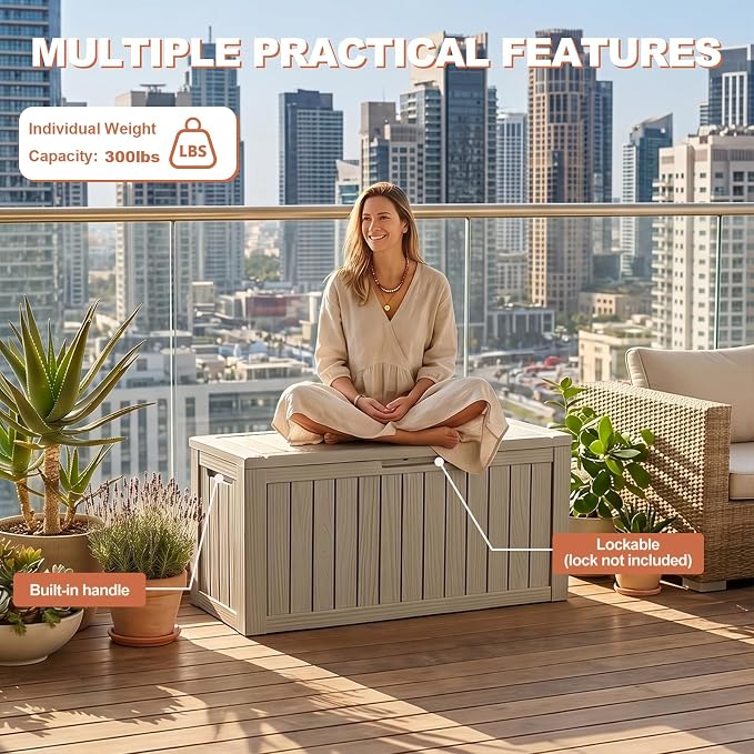 EFU Outdoor Storage Box 120 Gallon Deck Box (Indoor & Outdoor) Lockable UV Resistance Waterproof Resin Storage Bin Storage Box for Outdoor,Patio Storage With Support Rod(Taupe)