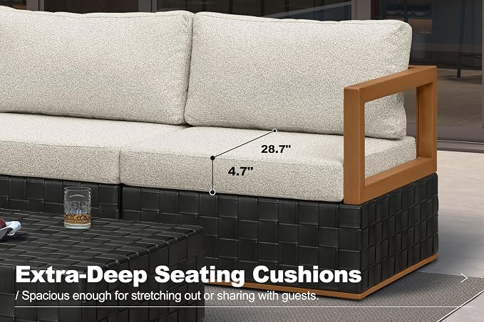 PURPLE LEAF Patio Furniture Set Ottoman Outdoor Sectional Sofa Patio Conversation Set with Olefin-Blend Fabric and Modern PU Leather Base, Patio Couch for Porch, Balcony, Garden, Black