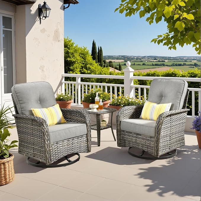 CAODOC 3-Piece Swivel Rocking Rattan Chair Outdoor, Patio Bistro Furniture Conversation Set, Wicker Chair with Coffee Table Dark Gray