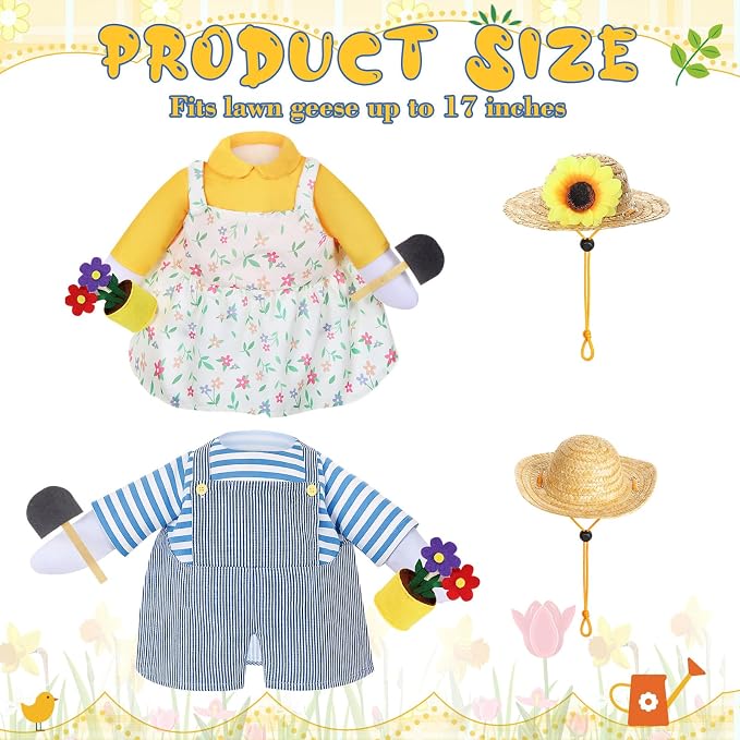 FuWeave 2 Set Porch Goose Outfit Spring Gardener Goose Clothes with Small Flower Pot for 23" Cement Outdoor Patio Yard Decor (Sunflower)