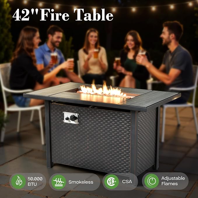 9 Pcs Patio Furniture with Fire Pit Table, Outdoor Rattan Wicker Conversation Set with Glowing Coffee Table, Comfy Sectional Sofa for Porch Balcony Backyard Pool, Orange