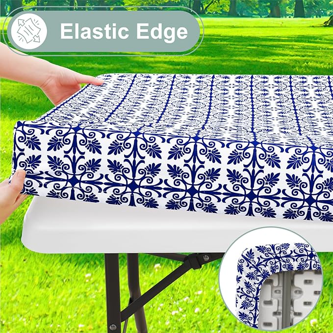 misaya Picnic Table Cover with Bench Cover, Waterproof Elastic Fitted Tablecloth for 5 Foot Tables, Rectangle Washable Polyester Tablecloths for Picnic, Camping, Outdoor (Navy, 30" x 60")