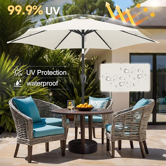 FLAME&SHADE 9ft Patio Umbrella Outdoor - Table Umbrella with Push Button Tilt and Crank, UV Protection, 6 Sturdy Ribs, Market Umbrella for Garden, Deck, Backyard, Lawn, Pool and Beach(Ivory)
