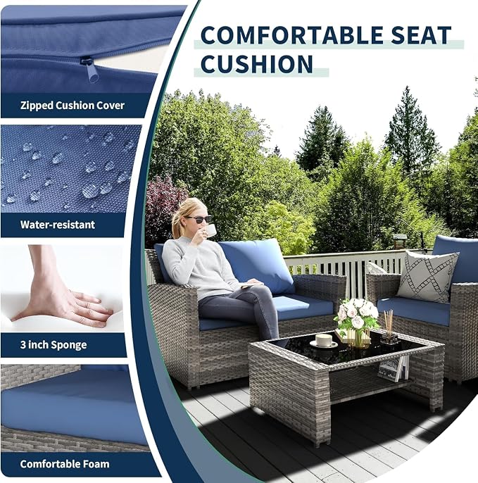 UDPATIO Patio Furniture Set, Outdoor Furniture Sets with Loveseats Sofa, Wicker Rattan Outdoor Conversation Set with Storage CoffeeTable for Backyard, Deck, Porch, Grey/Navy