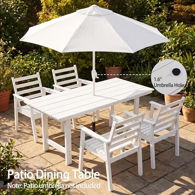 5-Piece Outdoor Dining Set, All-Weather HDPE Patio Furniture, 66.5" Slatted Table with 1.6" Umbrella Hole & 4 Ergonomic Armchairs, Heavy Duty 350lbs Capacity, UV Resistant, White