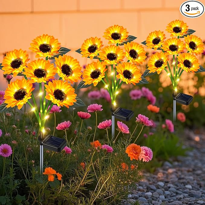 Solar Outdoor Lights Garden Decor, 3 Pack Solar Sunflower Lights, 18 Waterproof Garden Decor Flower for Outside Yard Patio,Flower Bed, Pathway, Gift for Women, Mom, Grandma