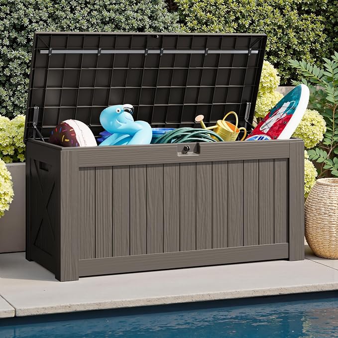 JUMMICO 120 Gallon Resin Deck Box, Large Outdoor Storage Box Waterproof & Lockable for Garden, Patio, Pools (Deep Brown)