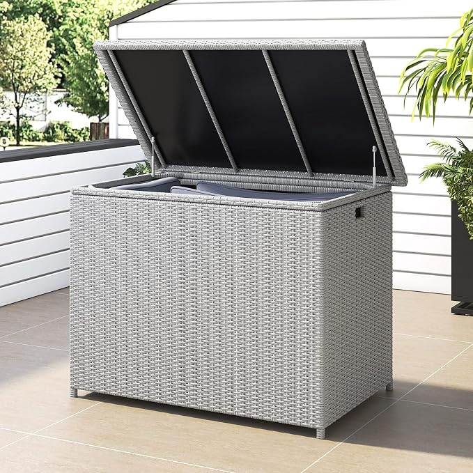 Lepus Large Waterproof Resin Wicker/Rattan Deck Box with Handles, Outdoor Storage Container For Patio, Pool, Garden, 130 Gallons, Gray