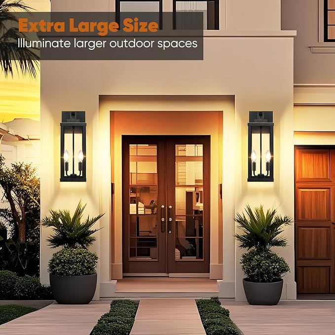 2-Pack 18” Large Motion Sensor Outdoor Wall Lights, Bronze | Auto ON/OFF, 3 Lighting Modes, Waterproof, Rust-Resistant, Durable Metal with Clear Glass, Dual E12 Sockets, Easy to Install
