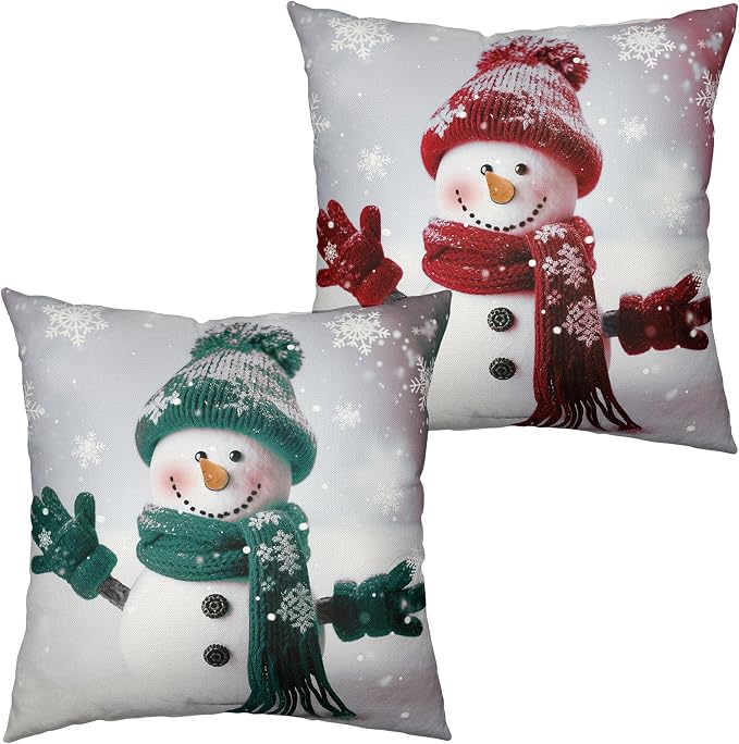 Christmas Green and Red Snowman Throw Pillow Covers 24x24 Winter Farmhouse Pillow Covers Cotton Linen Pillow Case Cushion Case for Holiday Decorations Living Room Sofa Set of 2