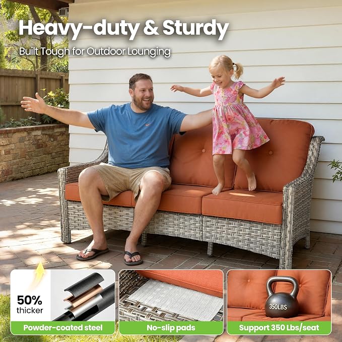 4 Piece Patio Furniture Set with Solar Light Coffee Table, Heavy Duty Wicker High Back Sofa Chairs with Thick Cushion, Small Outdoor Conversation Sets for Backyard Garden Porch, Bold Orange