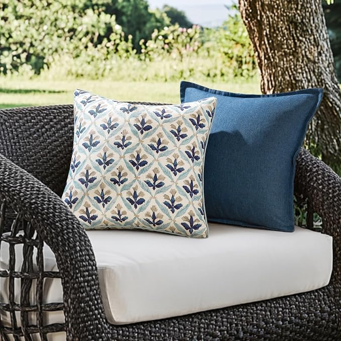 MIULEE Outdoor Floral Pillow Covers Waterproof 18x18 Blue Grey | Decorative Block Print,Boho Farmhouse, Set of 2 Coastal Summer Cushion Covers with Piping,Garden Patio Furniture Porch Couch