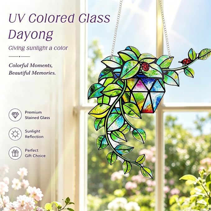 Plant Suncatcher Glass, Stained Glass Suncatcher Plant Window Hanging, Unique Nature Lover Gifts Leaf Idea