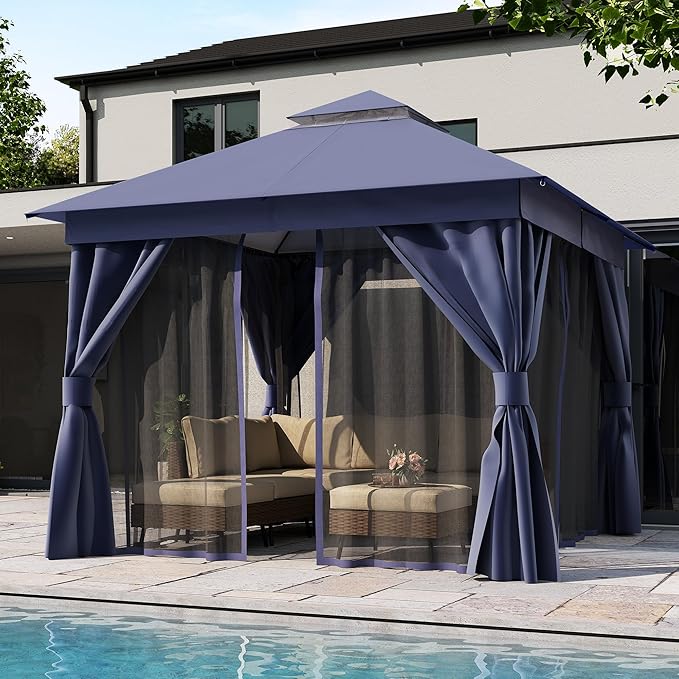 LAUSAINT HOME 10'x10' Outdoor Gazebo, Metal Frame Heavy Duty Patio Canopy Tent Shelter with Double Roofs, Mosquito Nettings and Privacy Screens for Backyard, Garden, Lawn, Navy Blue