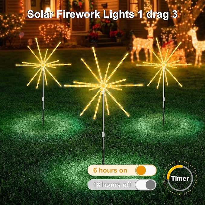 CCILAND Solar Firework Lights Outdoor, 3 Pack 336 LEDs Solar Starburst Garden Lights with Timer 8 Modes, Waterproof Decorative Lights for Yard Patio Walkway Pathway Party Wedding (Warm White)