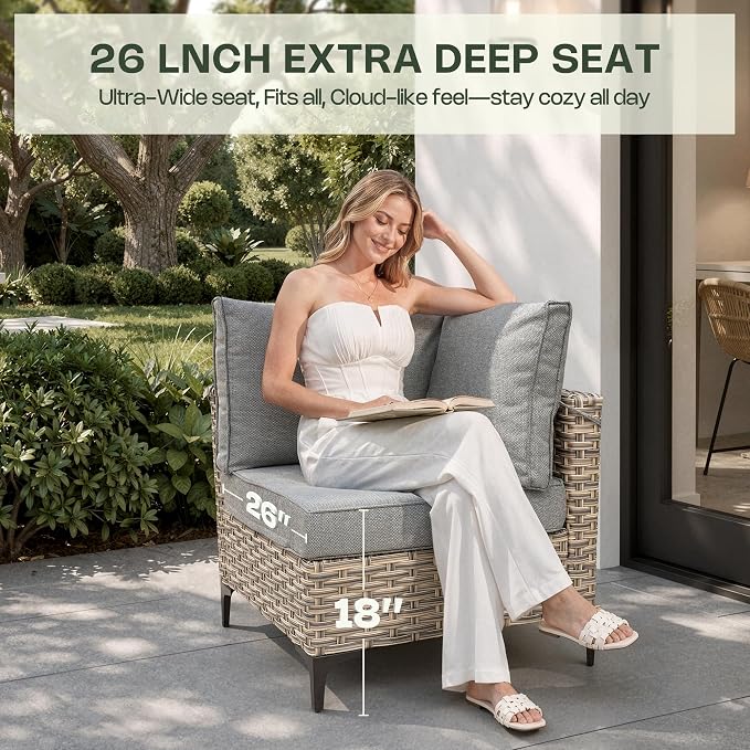 8 Pieces Patio Furniture Set, Outdoor Conversation Set with 360° Swivel Rocker Chairs, Wicker Sectional Sofa & Solar Powered Lighted Table, High Back Outdoor Furniture for Backyard Porch, Dark Gray