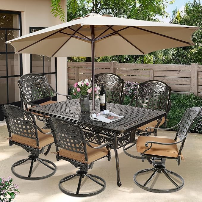 7-Piece Outdoor Patio Dining Set, 60” Rectangular Cast Aluminum Dining Table with Umbrella Hole and 6 Cushioned Swivel Rocker Chairs, Patio Funiture Set for Backyard, Patio, Garden