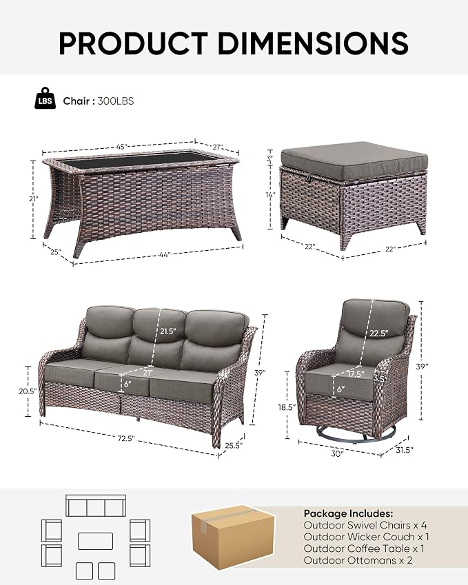 HUMMUH 8 Pieces Wicker Patio Furniture Set with Patio Swivel Chairs Set of 4,High Back Outdoor Sofa Coffee Table Ottomans,6 Inch Thick Cushions Outdoor Conversation Set for Porch, Balcony, Deck