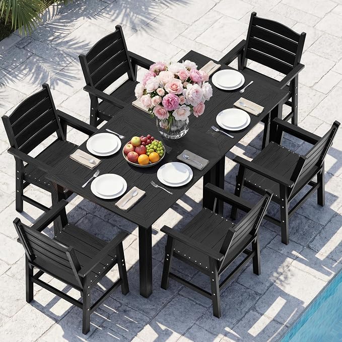 YEFU HIPS Patio Dining Set for 6 : Modern Outdoor Table and Chairs Easy Clean Outdoor Dining Set - 8-Piece Waterproof All-Weather Easy Assembly Furniture for Backyard Garden Deck（Black）