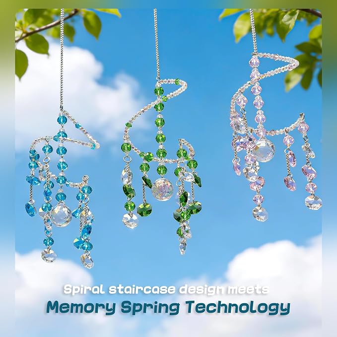 3 Pcs Crystal Suncatchers Wind Chimes, Spiral Sun Catchers Indoor Window | Crystal Wind Chimes Boho Healing Hanging Crystals for Home Garden Wedding Decoration(Pink,Green,Blue)