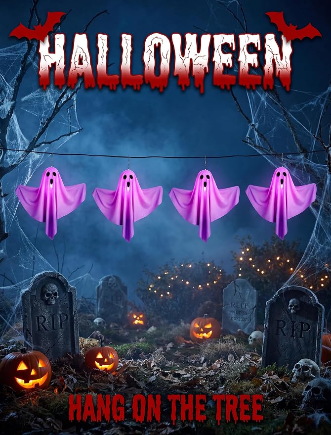11.5FT Halloween Ghost Pathway Lights Outdoor, 4 Pack Purple Walkway lights | Shatterproof, Waterproof, Plug in and Hanging Ghost lights, Halloween Decorations Outdoor for Lawn Driveway Garden Yard Decor
